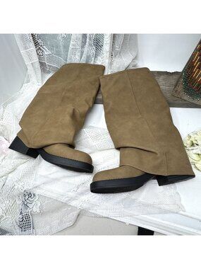 Tan Knee-High Boots With Triple Buckle Straps & Stacked Heels For Women